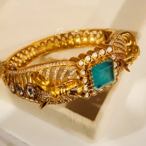 Antique Gold Kada Bangle with Stone, Green - Image 3