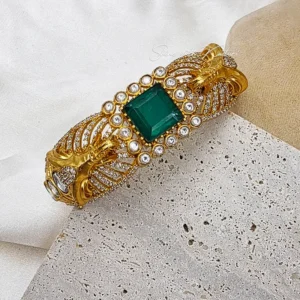 Alternative view of Antique Gold Kada Bangle with Stone, Green