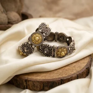 Solar Disc Oxidised Silver Bangle, Dual-Tone Openable