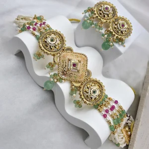 Antique Finish Kundan Emerald Drop Earrings - Image 4