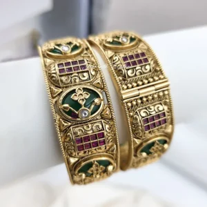 Gold Kada Bangles Design with Green & Ruby Stones - Image 4