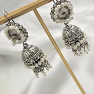 Vintage Oxidized Silver Jhumka Earrings with Pearl Drops - Image 3