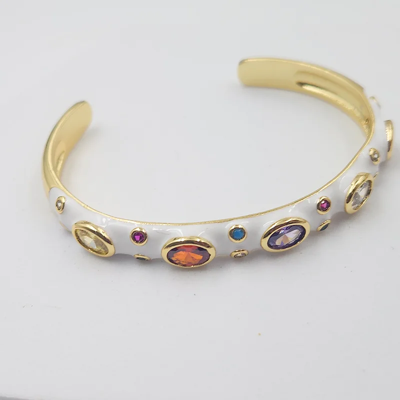 White Enamel Multicolour Stone Cuff Bangle